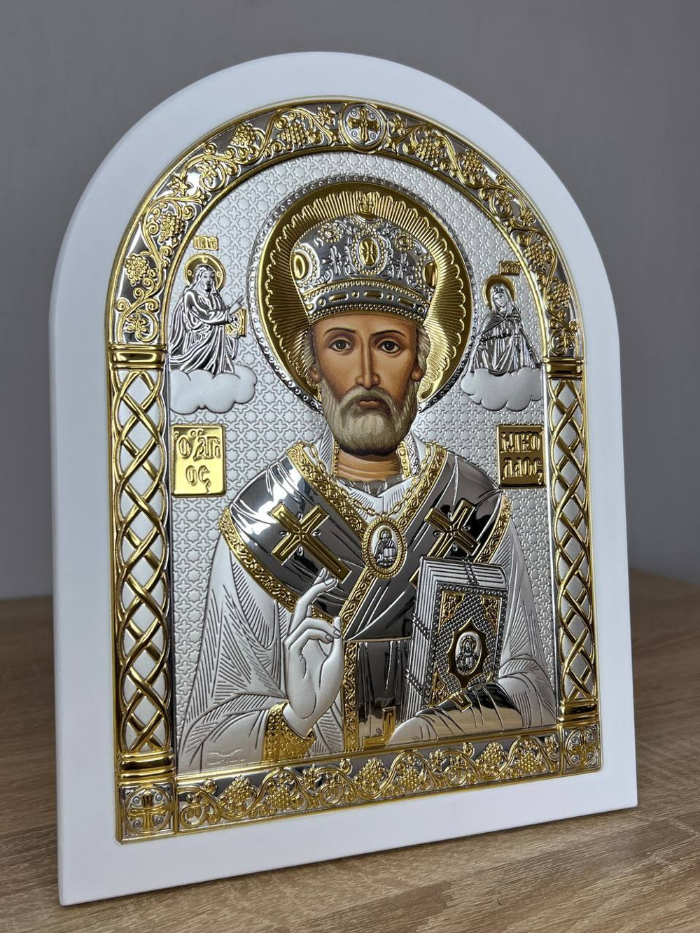 Николай Чудотворец, икона арочная, белое дерево 150х200