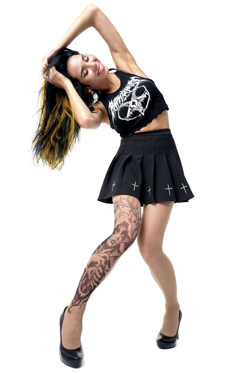 Колготки с принтом в виде демоницы со змеёй (Размер: S-M-L) (Цвет: бежевый)