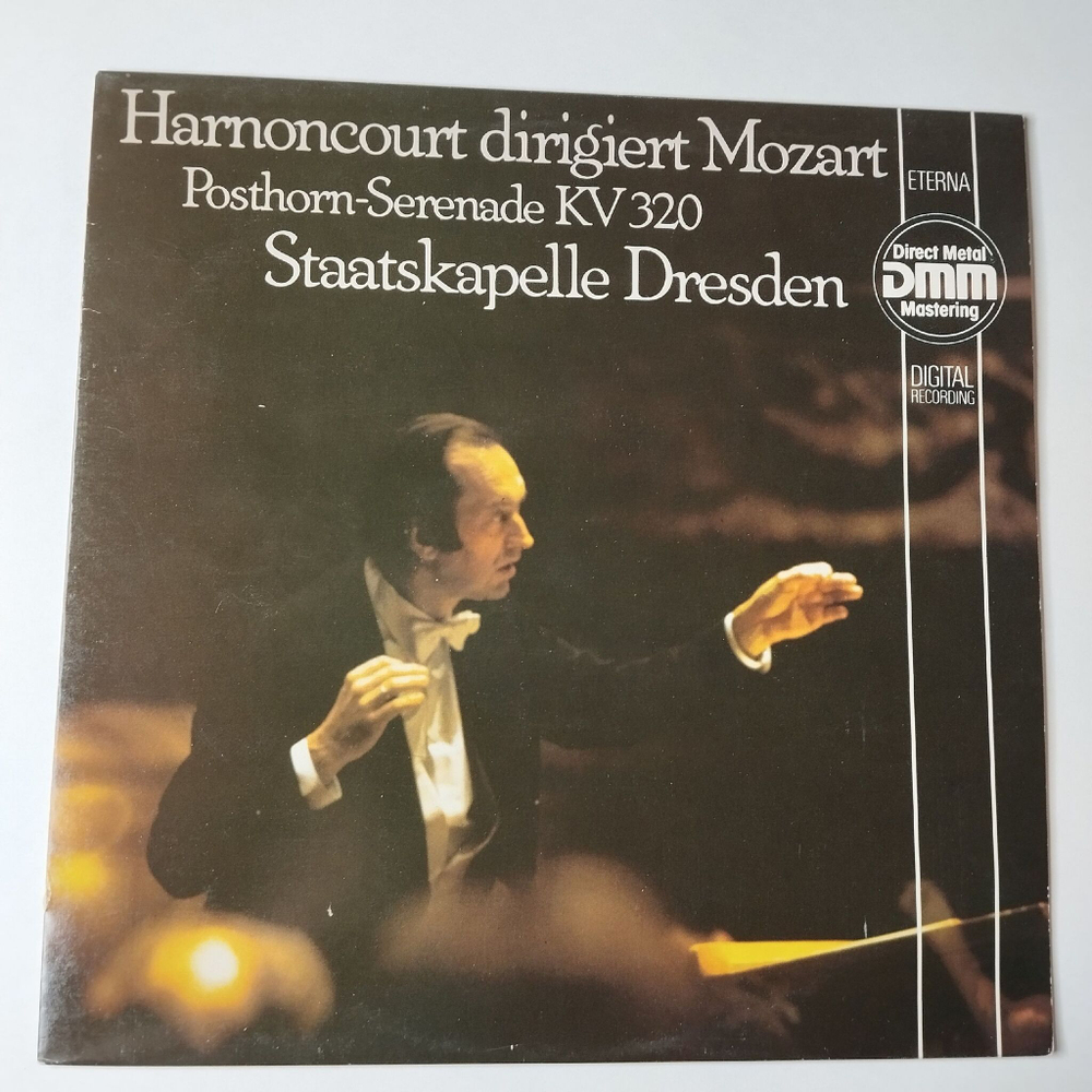 Винтажная виниловая пластинка LP Harnoncourt, Dirigiert Mozart Staatskapelle Dresden, Posthorn Serenade KV 320 (ГДР 1989)
