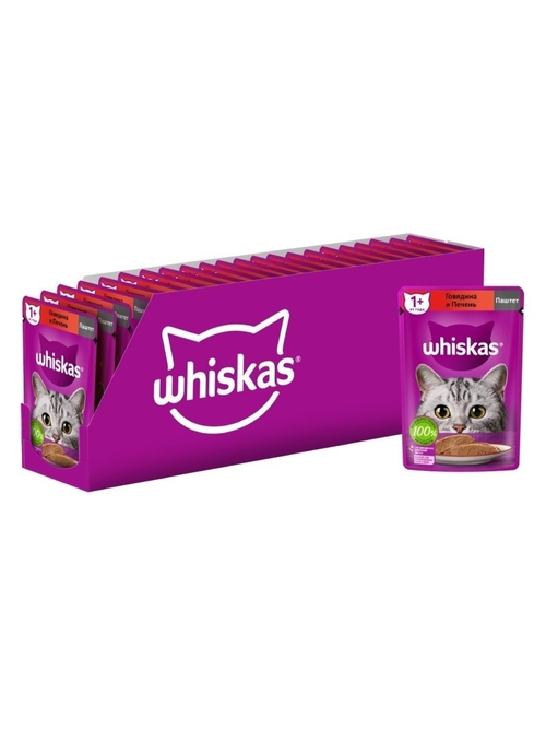 Влажный корм Whiskas для взрослых кошек, паштет с говядиной и печенью, 28 шт x 75 г