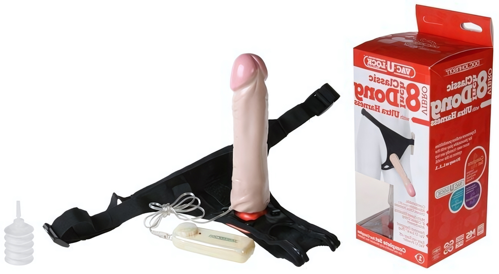 Страпон с вибрирующей насадкой 8''Classic Dong (Цвет: телесный с черным)