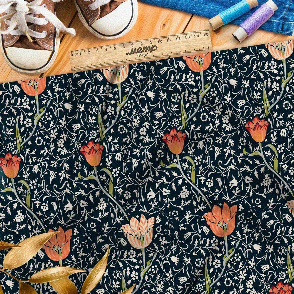 Ткань оксфорд 600 резные тюльпаны с сеткой из тонких белых растений