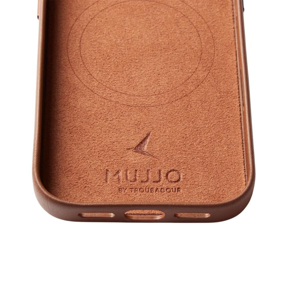 Кожаный чехол MagSafe с картхолдером Mujjo Full Leather Wallet Case для iPhone 17 Pro Чехол из натуральной телячьей велюровой цельнозерновой кожи с мелкозернистой фактурой и сенсорной накладкой для Контроллера камеры. Есть встроенный картхолдер — вмещает