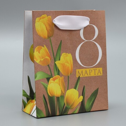 Пакет крафтовый 8 Марта «Тюльпаны», S 12 × 15 × 5,5 см