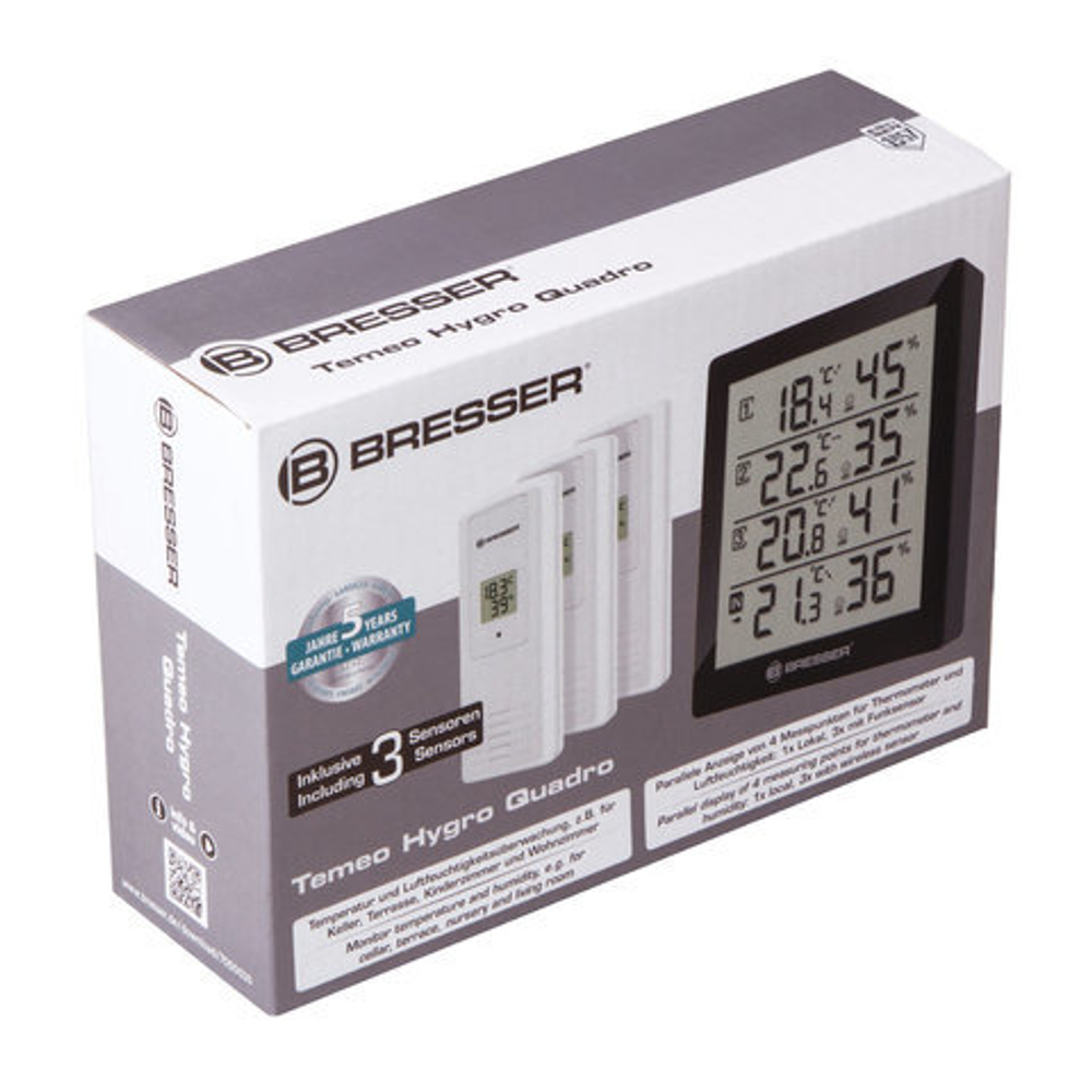 Метеостанция BRESSER Temeo Hygro Quadro, 3 термодатчика, гигрометр, черный, 73257