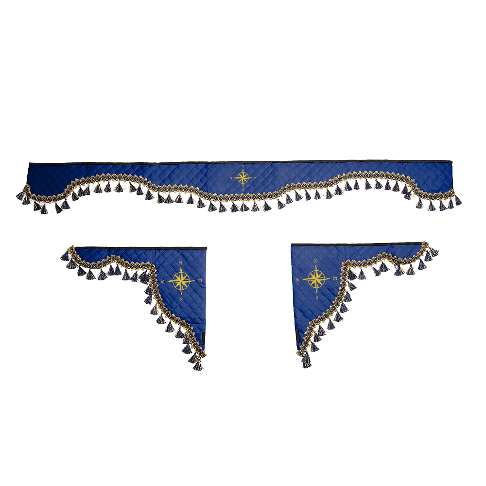 Ламбрекен с косынками универсальные стеганые Роза Ветров (экокожа, синий, синие кисточки)