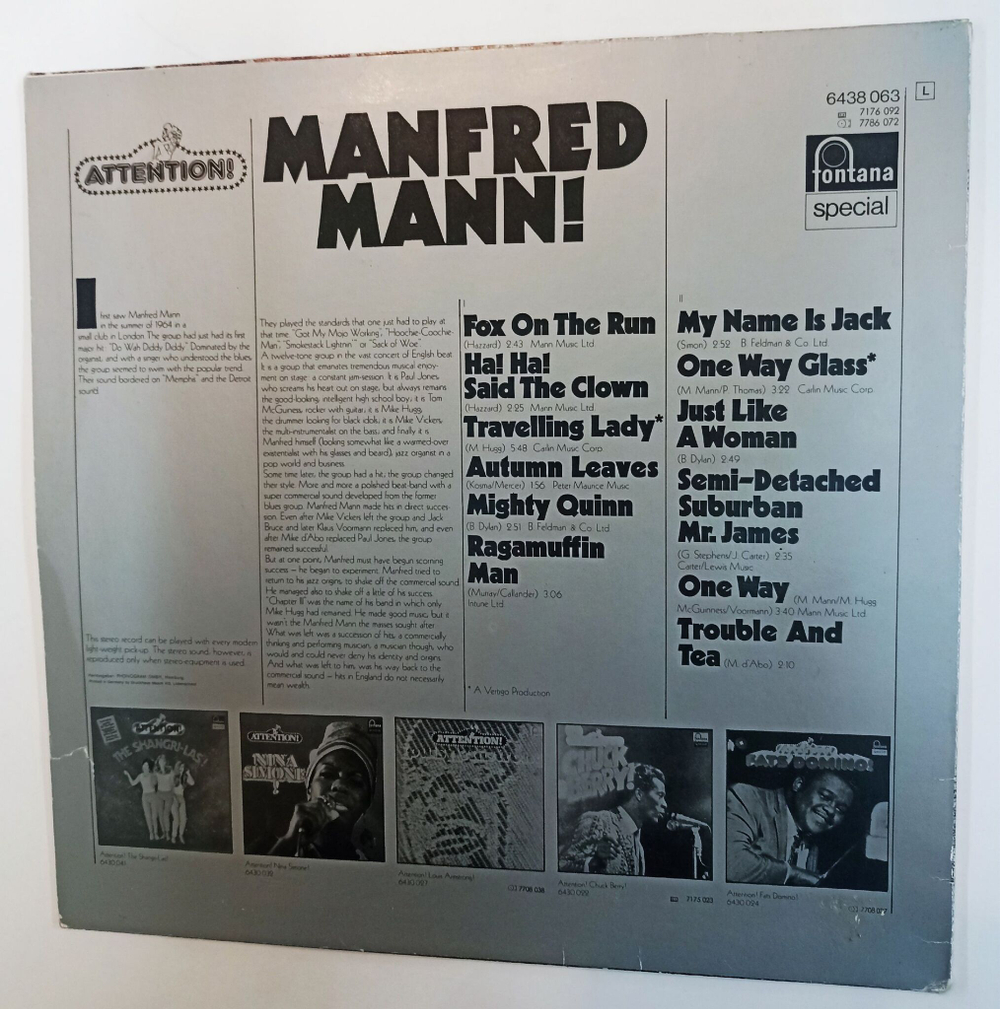 Винтажная виниловая пластинка LP Manfred Mann Attention Manfred Mann (Germany 1973)