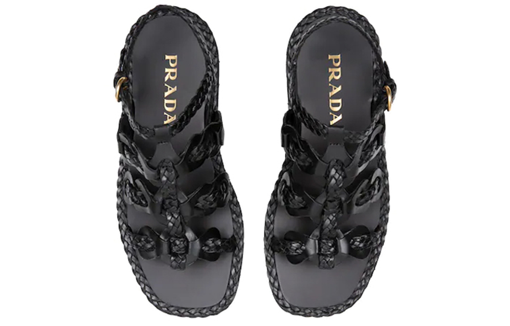 PRADA Prada calfskin woven comfortable breathable Roman sandals women's black