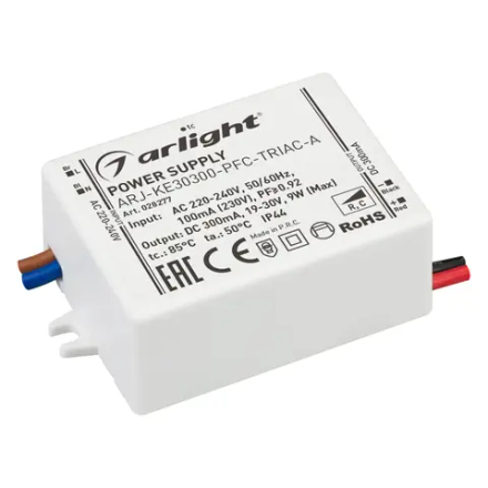 Блок питания ARJ-KE30300-PFC-TRIAC-A (9W, 300mA) (Arlight, IP44 Пластик, 5 лет) 028277