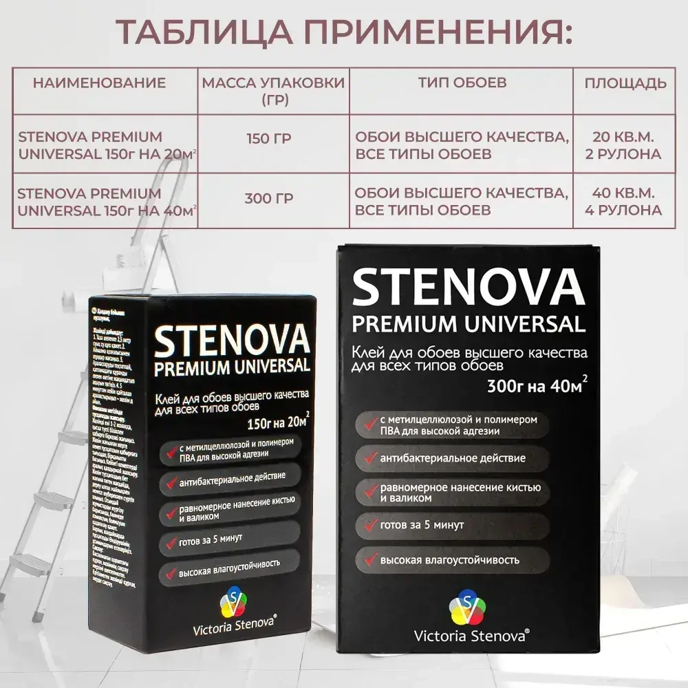 Клей STENOVA Premium Universal для обоев виниловых, флизелиновых, универсальный, 300 гр., Германия