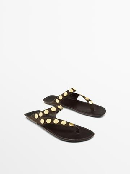 Massimo Dutti Сандалии из натуральной кожи с заклепками, коричневый