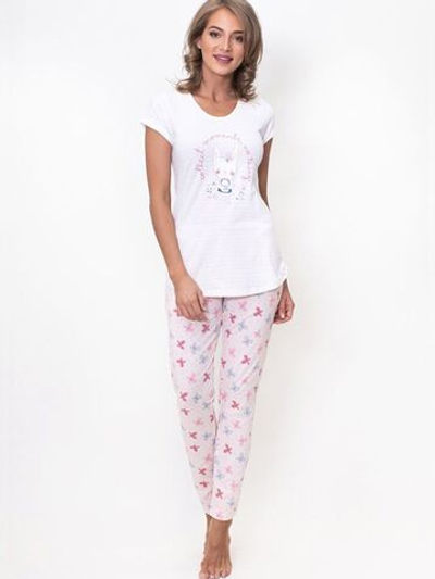 Домашний трикотажный комплект с нежным принтом (Размер: M) (Цвет: белый с розовым)
