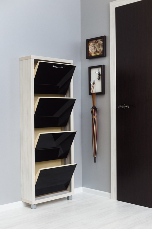 Обувница в прихожую компактная для обуви Люкс 4 черное стекло выбеленное дерево