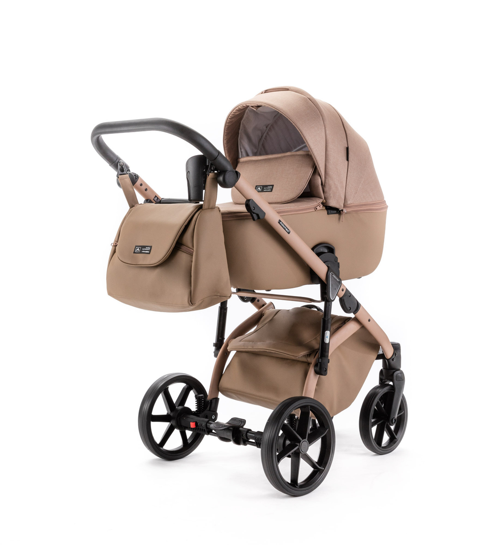 Детская универсальная коляска Adamex NOLA Natura CAMEL-5 (2в1) - Темно-бежевая ткань, Темно-бежевый экокожи
