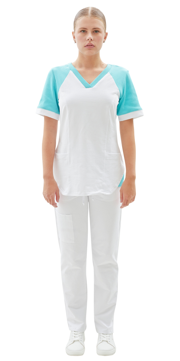 Костюм трикотажный Т-536 женский, блуза, брюки, белый с бирюзовым