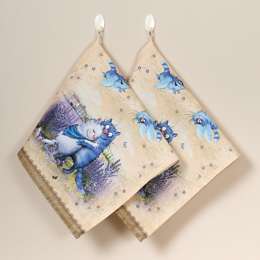 НАБОР ПОЛОТЕНЕЦ ИЗ 2Х ШТ "СИНИЕ КОТЫ. ЛАВАНДА",40Х70СМ, 100% ХЛОПОК,ТВИЛ, БЕЖ