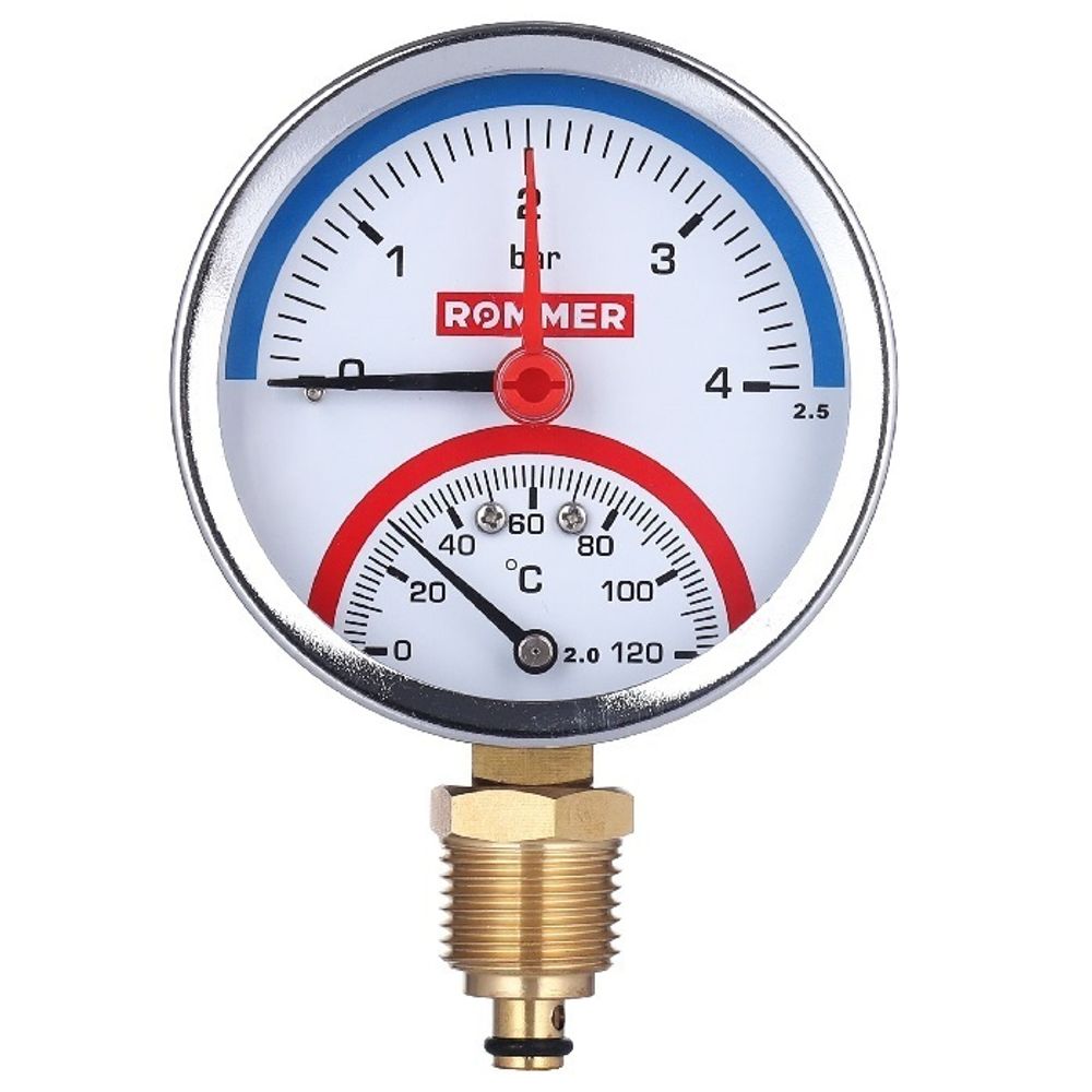 Термоманометр радиальный Rommer 1/2&quot;, 6 бар, +120°С, 80 мм с запорным клапаном (RIM-0006-800615)