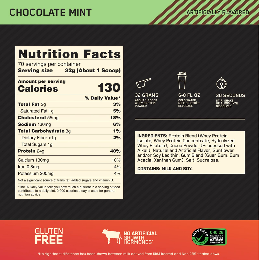Optimum Nutrition, Gold Standard 100% Whey, шоколад и мята, 2,24 кг (4,94 фунта)