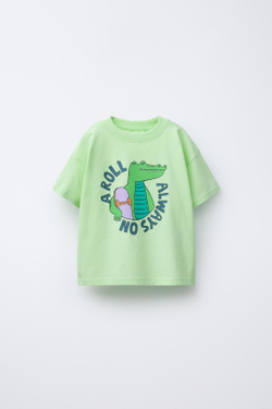ZARA ФУТБОЛКА С АНИМАЛИСТИЧЕСКИМ ПРИНТОМ, СВЕТЛО-ЗЕЛЕНЫЙ