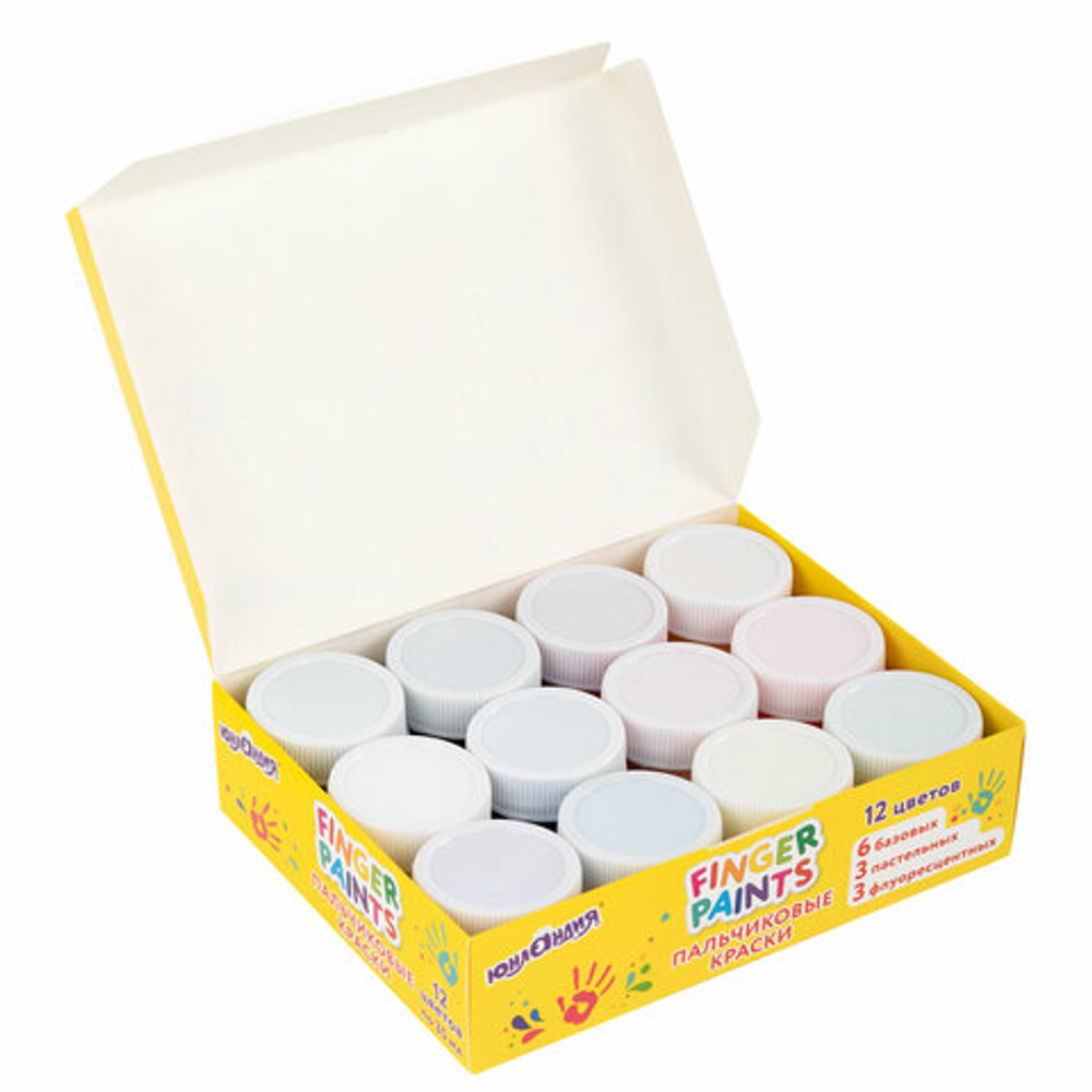 Краски пальчиковые для малышей от 1 года, 12 цветов (6 базовых + 3 пастельных + 3 флуоресцентных) по 35 мл