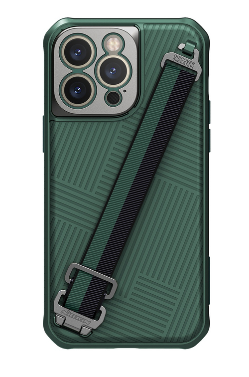 Защитный чехол зеленого цвета от Nillkin с ремешком на руку для iPhone 14 Pro Max, серия Strap Case, металлическая рамка для линз камеры