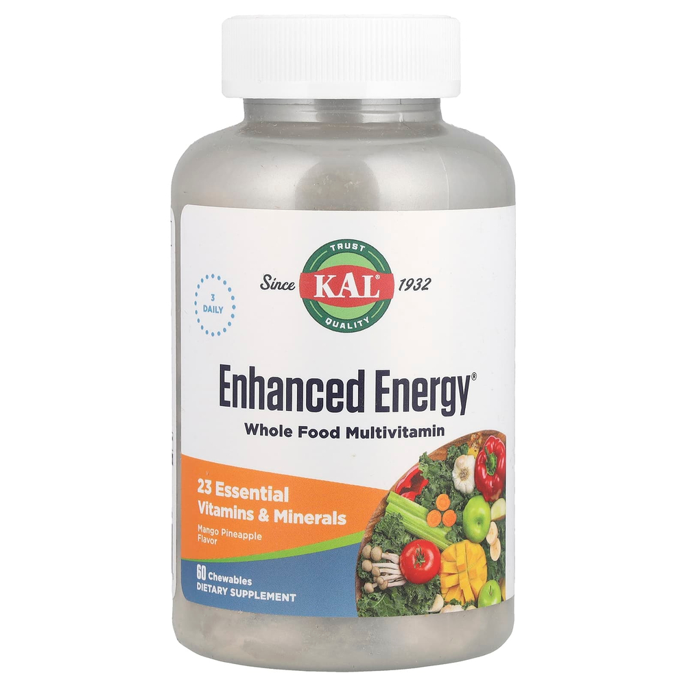 KAL, Enhanced Energy, мультивитамины из цельных продуктов, манго и ананас, 60 жевательных таблеток