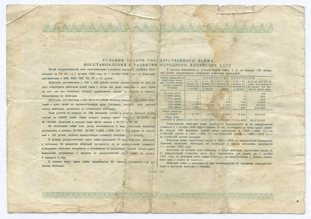 Облигация 10 рублей 1950 год. 5-ый заем восстановления и развития народного хозяйства. Серия № 098551. VG