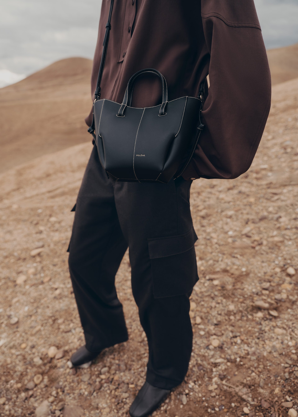 POLENE СУМКА CYME TOTE NANO, ЧЕРНЫЙ/КРЕМОВЫЙ