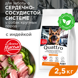 Корм сухой для взрослых собак крупных пород, премиум полнорационный комплекс, для заботы сердечно-сосудистой системы, с индейкой, 2,5 кг, QUATTRO