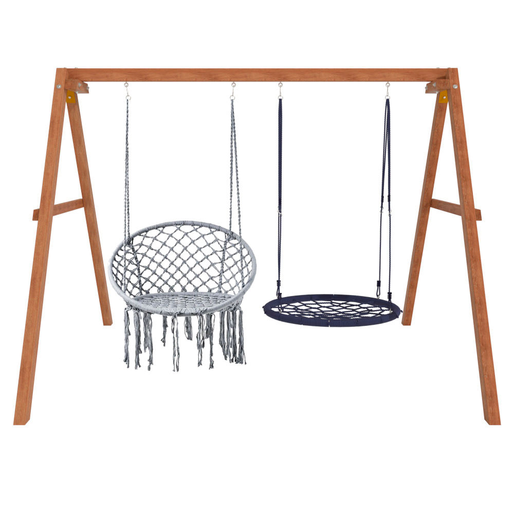 Деревянные качели с подвесными креслами в сером цвете и гнездом 100 см