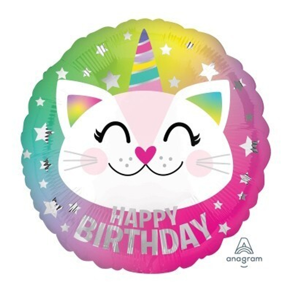 А 18"/46 см, Круг, Happy Birthday, Кот-Единорог, 1