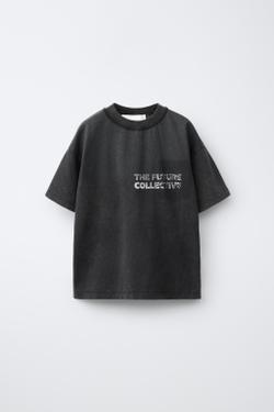 ZARA ФУТБОЛКА С ЭФФЕКТОМ ПОТЕРТОСТИ И НАДПИСЬЮ, СЕРЫЙ/СИНИЙ