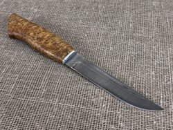 Финский нож Леуку, Дамасская сталь, рукоять карельская берёза