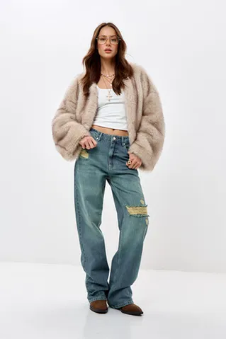 Джинсы wide leg с потертостями сине-зеленого цвета