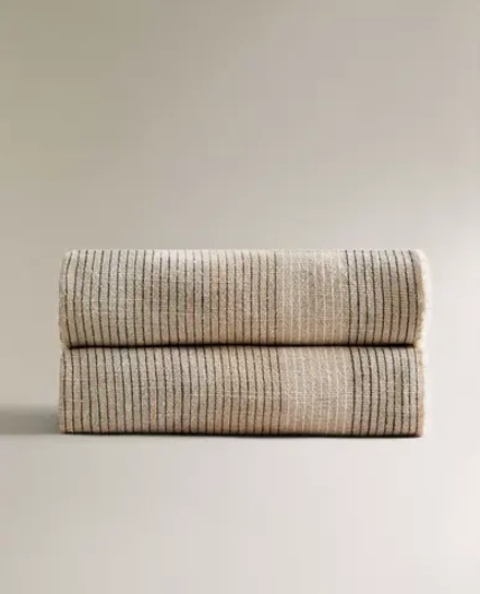 ZARA HOME ПЛЕД В КОНТРАСТНУЮ ПОЛОСКУ, СВЕТЛО-БЕЖЕВЫЙ