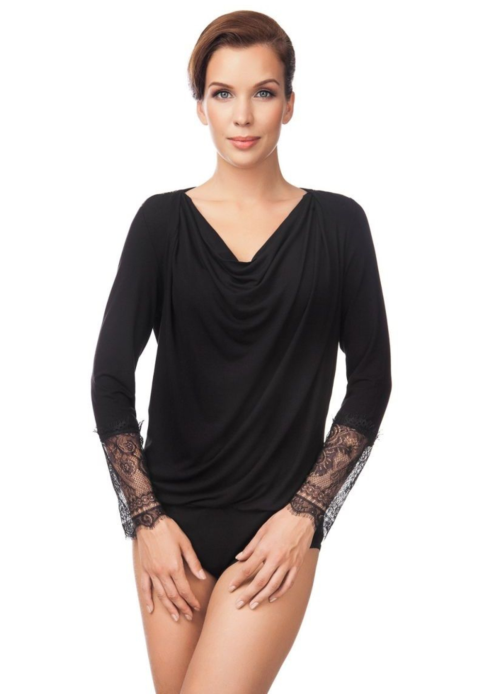 Эффектное боди с кружевом на руках и полупрозрачной спинкой (Размер: S) (Цвет: черный с бежевым)