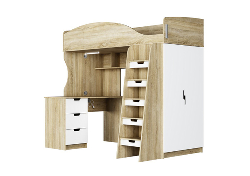 СЭНДИ КР-111 Кровать-чердак (Сп. место 0,8х2,0м) Корпус - Сонома светлый  Фасад МДФ - глянцевая Белый