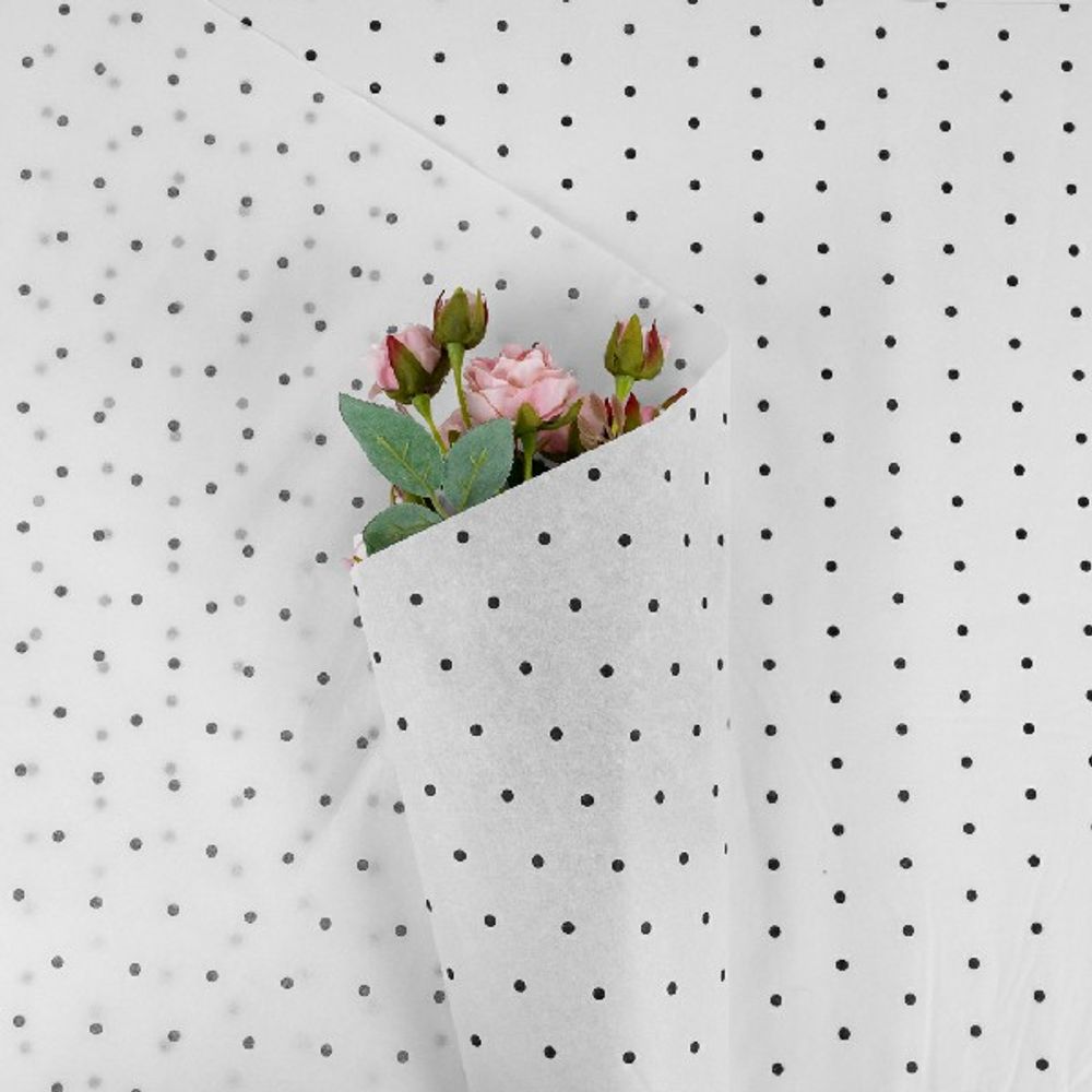 Бумага тишью "Мелкий горошек" 50*70см Белый с черными горошинам (20л)