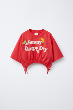 ZARA ФУТБОЛКА С ПРИНТОМ И ДЕТАЛЯМИ ИЗ КРУЖЕВА КРОШЕ, КРАСНЫЙ