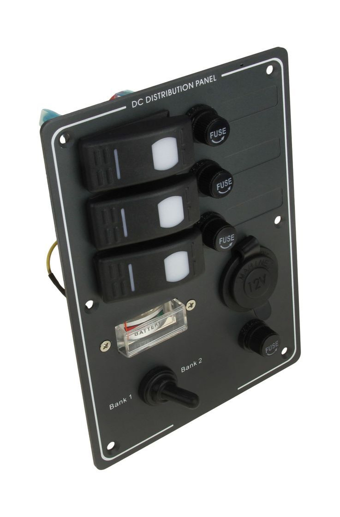 Панель бортового питания 3 переключателя, предохранители, разьём прикуривателя, заряд батарей