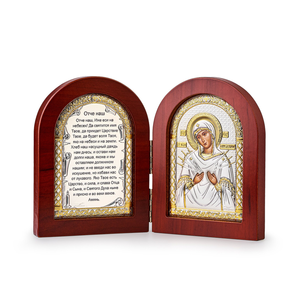 Складень, Семистрельная БМ, Молитва, икона арочная, красное дерево 140x200
