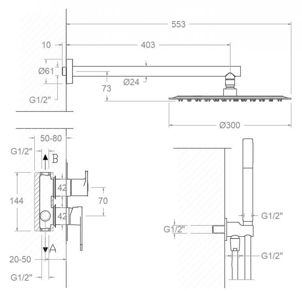 Встраиваемый смеситель для душа с тропическим и ручным душем ALEXIA K3615022NM черный