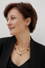 Колье золотые капли и кубики - агаты на тонкой черно-золотой цепочке