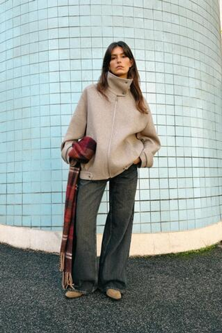 ZARA БОМБЕР ИЗ ШЕРСТИ С ВЫСОКИМ ВОРОТНИКОМ, СВЕТЛЫЙ СЕРО-КОРИЧНЕВЫЙ