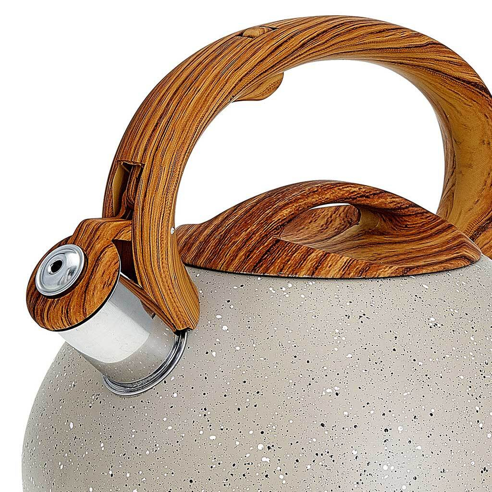 Чайник со свистком 3 л из нержавеющей стали, индукционное дно ALPENKOK AK-522 бежевый гранит, ручка светлое дерево