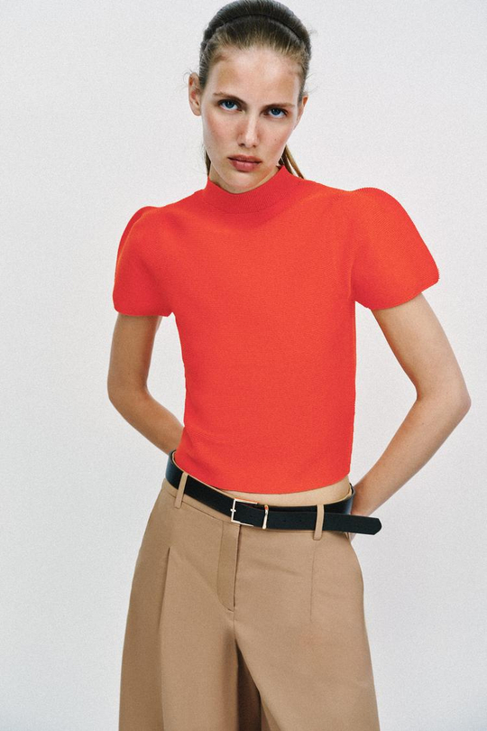 ZARA ТРИКОТАЖНЫЙ ТОП С ОБЪЕМНЫМИ РУКАВАМИ, КОРАЛЛОВО-КРАСНЫЙ