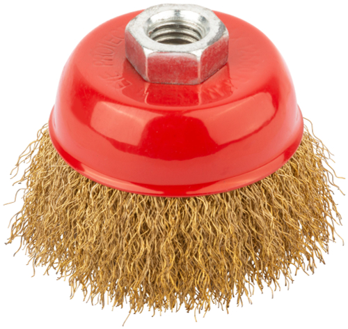 Корщетка чашечная, гайка М14, стальная латунированная волнистая проволока  75 мм 39037