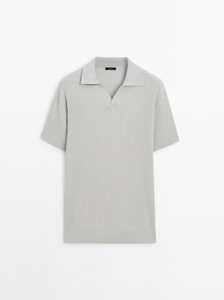 Massimo Dutti Поло из хлопка и льна в рубчик, жемчужно-серый