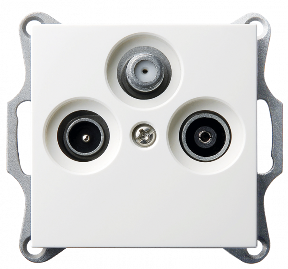 Розетка TV+FM+SAT Φ9.5mm проходная с накладкой, цвет белый глянцевый