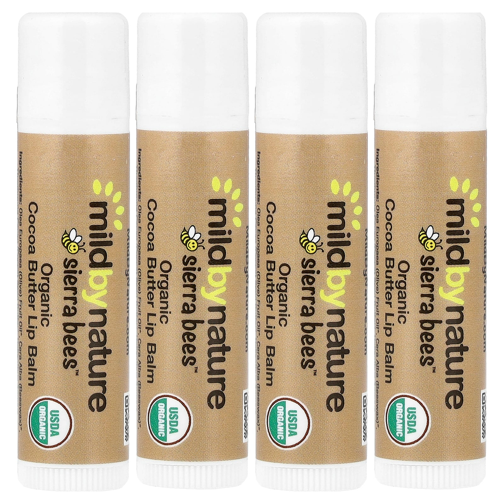 Mild By Nature, Sierra Bees™, органические бальзамы для губ, какао-масло, 4 шт. по 4,25 г (0,15 унции)